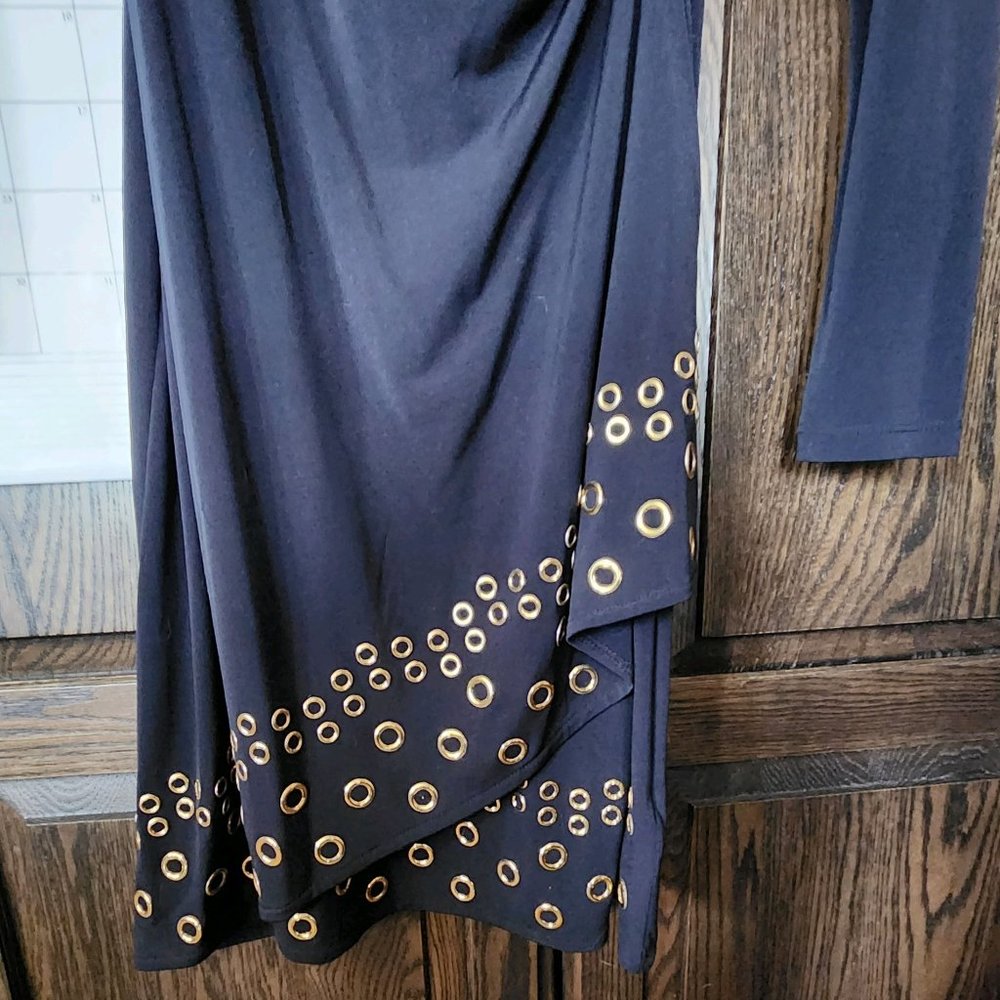 MICHAEL Michael Kors Black Gold Grommet Hem Ruched Faux Wrap Dress Size? LS NWOT